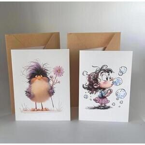 Whimsical Greeting Card Set - Cute Bird and Bubbly Girl Designs